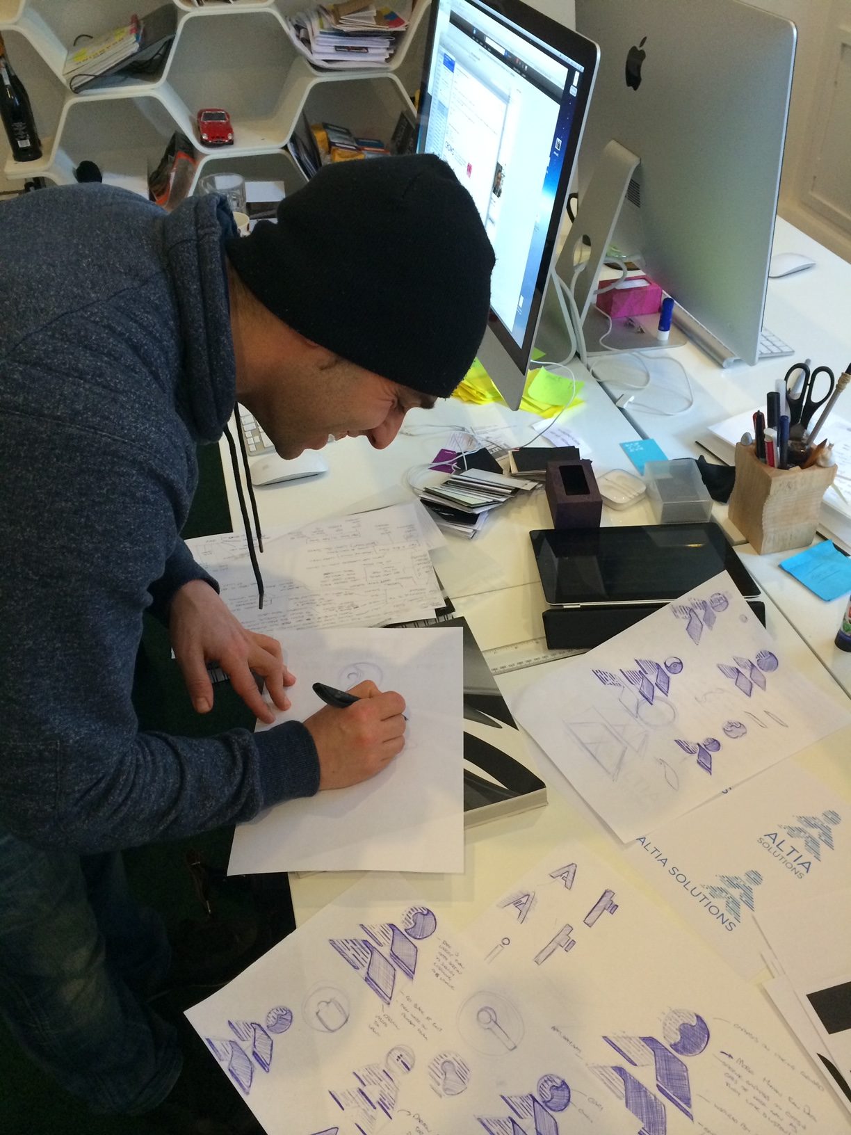 ‘Happy Sketching.’ Our Founder Benedetto happily sketching away concepts for the new Altia brand identity.