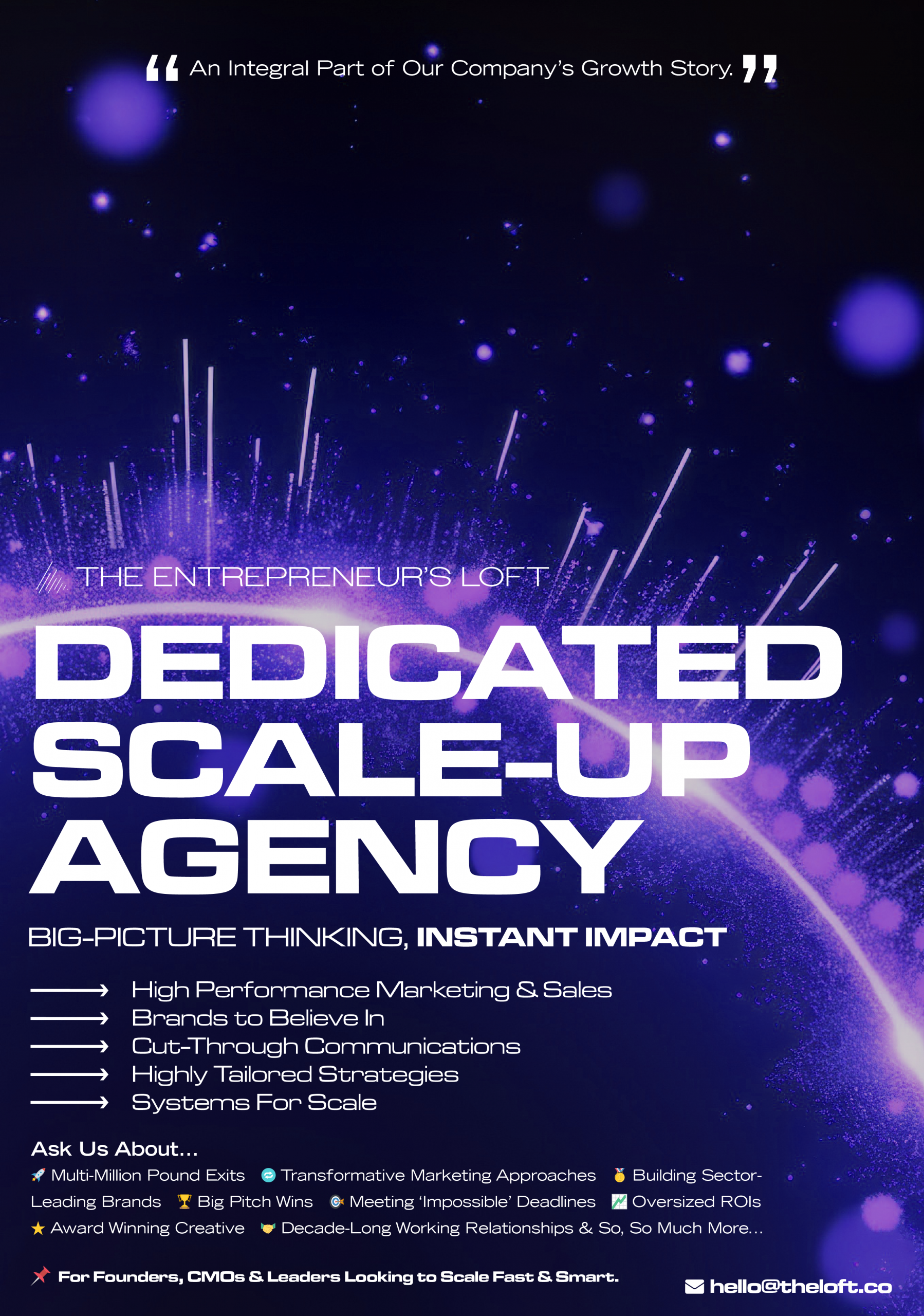 Digital flyer for 'The Entrepreneur's LOFT' a dedicated Scale-Up Agency delivering big-picture thinking and instant impact. 